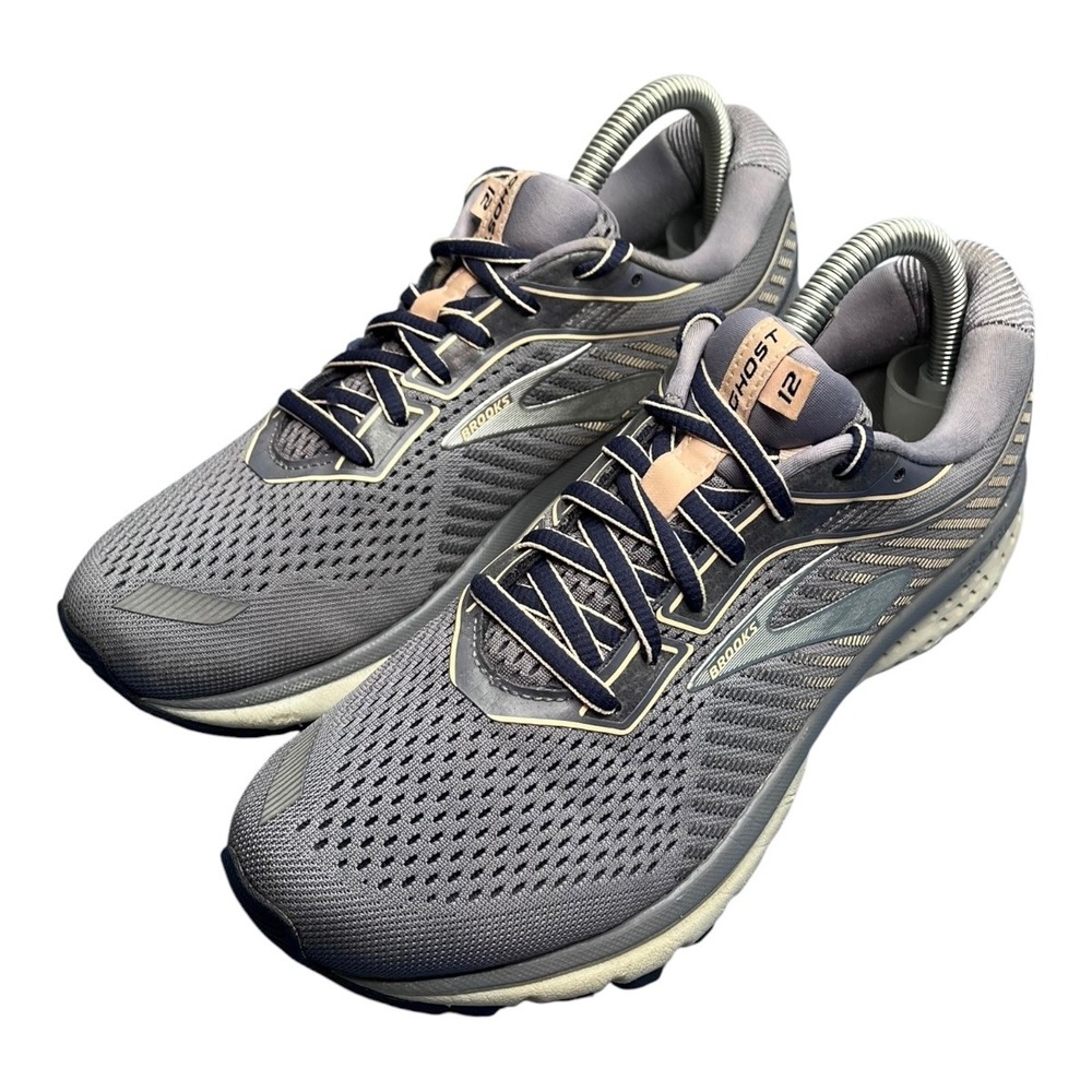 Brooks Ghost 12 Womens Running Shoes Grey Navy Peach 1203051D086 Wide D Size 8.5